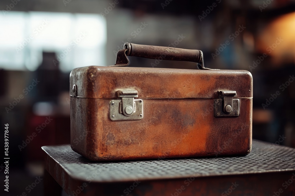 Poster rusty metal toolbox rests on a worktable in a workshop.