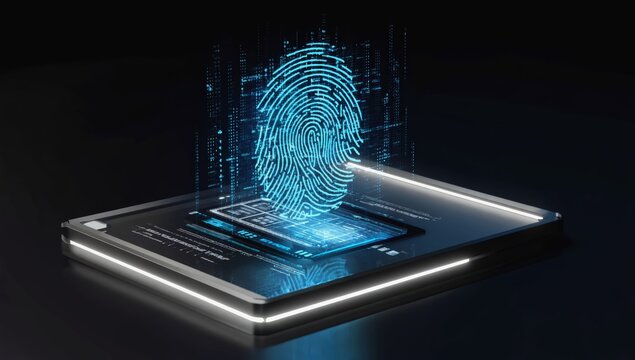 Holographic fingerprint scanner emerging from digital tablet representing futuristic biometric authentication, cybersecurity, digital identity verification and modern secure access technology systems.