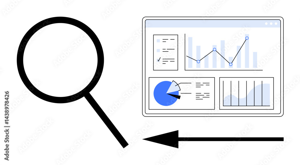 Aufkleber magnifying glass inspecting a data dashboard with charts, graphs, and pie diagram. ideal for analyti