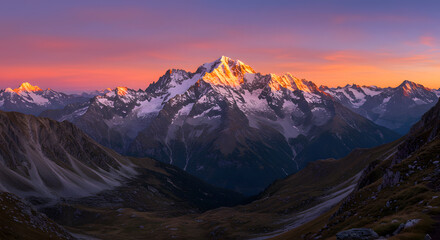 Obraz premium Snowy Mountain Peaks Glow at Sunset in Dramatic Alpine Landscape