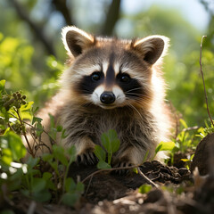 Naklejka premium Close-up Portrait of an Adorable Raccoon in Sunlight