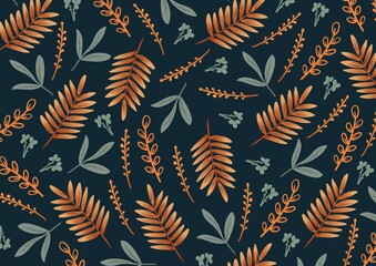 Seamless floral pattern with orange, yellow, and blue on dark bue background