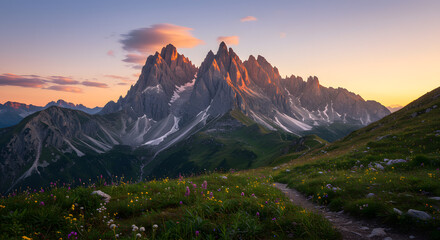 Obraz premium Hiking Trail Leading to Majestic Mountain Peaks at Sunset in Summer