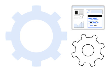Large gear, small outlined gear, and dashboard with charts, text, and search bar. Ideal for concepts thumbs up productivity, process, collaboration, automation growth innovation simple landing