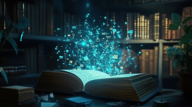 Open book, glowing with digital icons, library setting