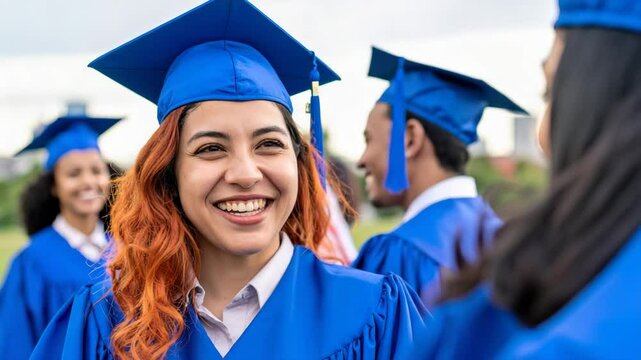 A joyful graduate celebrating with friends at a graduation ceremony outdoors.