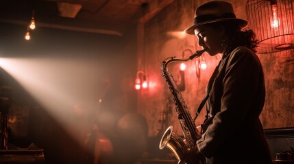 Saxophone Player in Dimly Lit Jazz Club