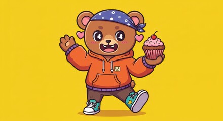Cartoon Bear with Cupcake and Bandana