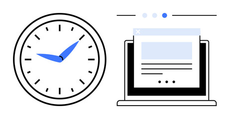 Classic clock with blue hands next to a laptop screen displaying a minimal webpage interface. Ideal for time management, productivity, workplace efficiency, online work, digital planning, schedule
