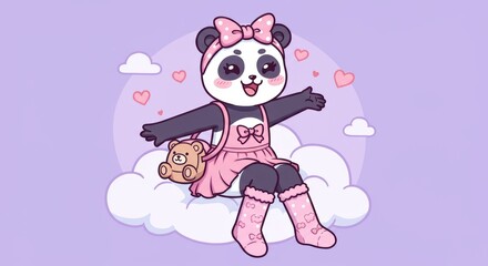 Cartoon Panda Girl on Cloud with Hearts