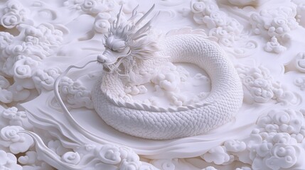 Intricate white sculpture of a mythical dragon amidst clouds.