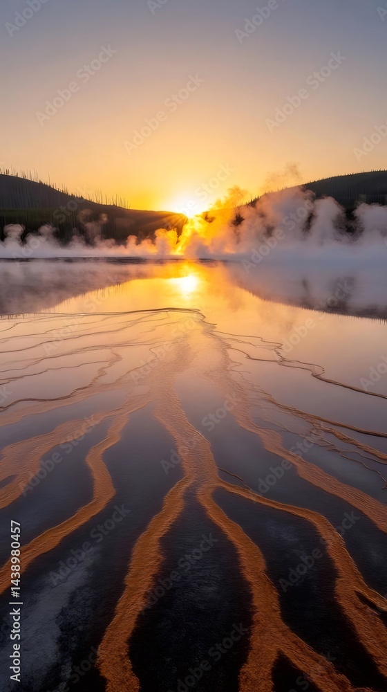 Aufkleber オレンジ色の夕日の光に照らされた温泉の湖と蒸気の上昇する光景