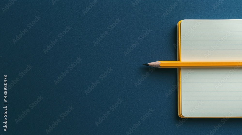 Aufkleber A simple yellow pencil rests on an open notebook against a dark blue background, creating a clean and minimalistic workspace aesthetic.
