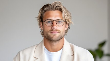 Fototapeta premium A stylish young man with glasses looking at the camera, wearing a light blazer over a white shirt, and modern indoor setting with natural light.