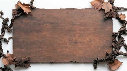 Rustic wooden sign framed by autumnal leaves and vines