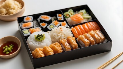 A traditional Japanese bento box with sushi, tempura, teriyaki chicken, and rice, neatly arranged on a white background