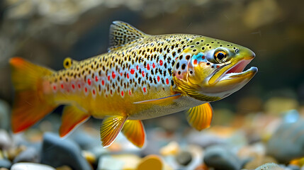 Naklejka premium Closeup of a Brown Trout Swimming Underwater