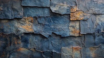 Fototapeta premium A close up shot of a wall made of dark blue and brown slate tiles arranged in a staggered pattern