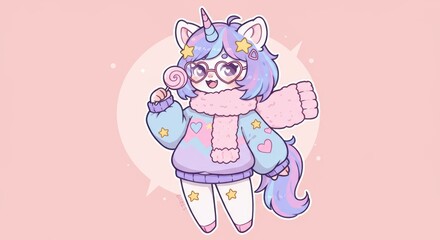 Unicorn with Candy in Kawaii Style