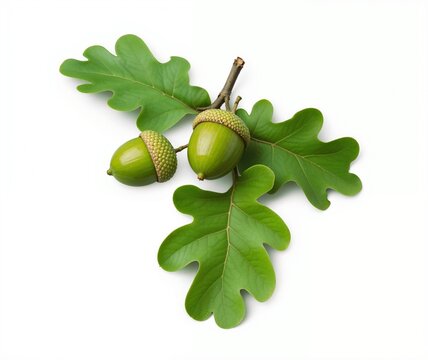 Cluster of Fresh Green Acorns with Oak Leaves on White, Natural Botanical Arrangement. Perfect for Autumn Season, Woodland Themes, Nature Backgrounds, and Harvest Designs.