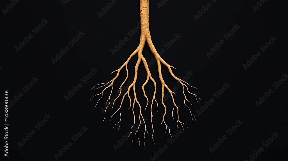 Poster a striking depiction of tree roots extending downward, emphasizing their intricate structure against