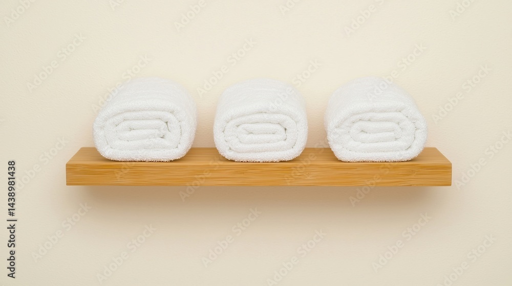 Poster three neatly rolled white towels are displayed on a wooden shelf against a neutral wall, creating a 
