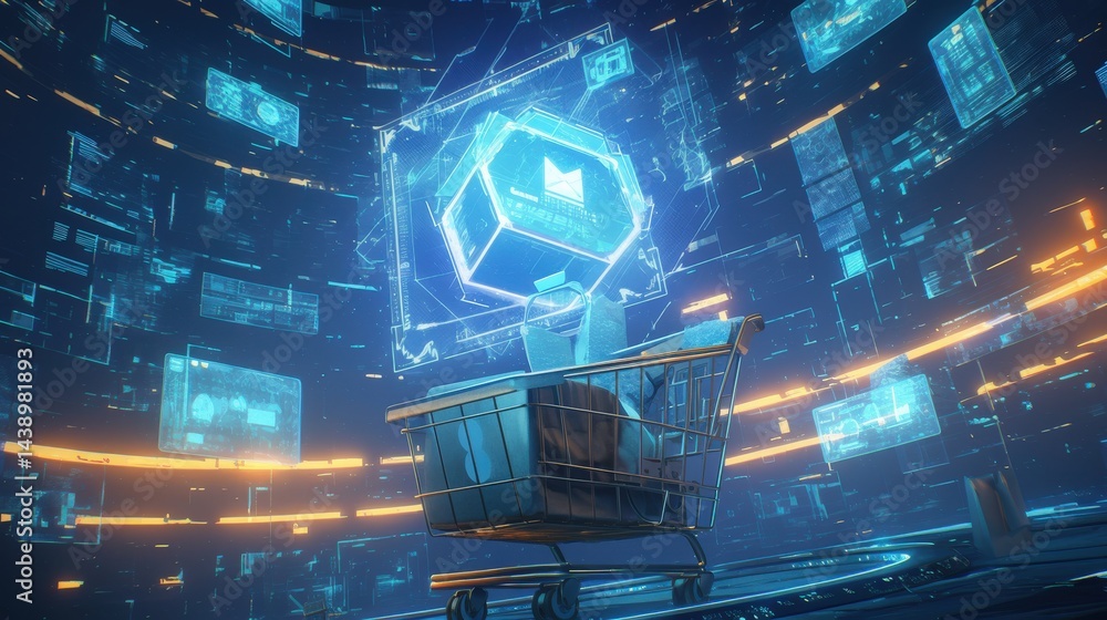 Poster digital shopping cart with glowing cube, surrounded by data streams