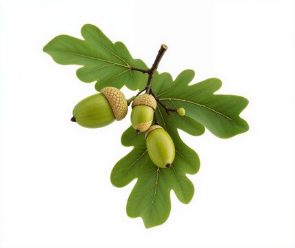 Fresh Green Acorns and Young Oak Leaves Clustered Together on a Clean White Background. Detailed Botanical Illustration for Forest, Nature, Autumn Season, and Harvest Projects."