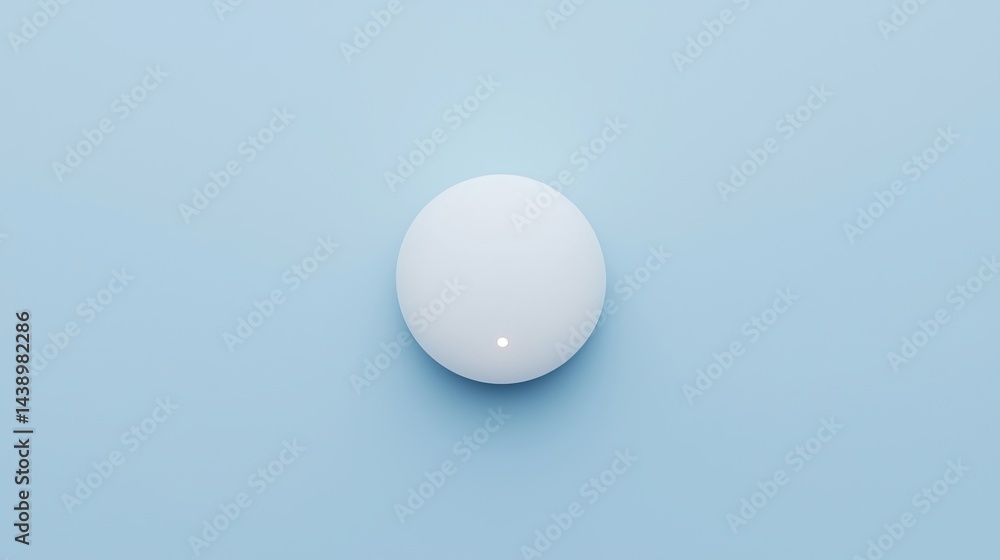 Poster a minimalist circular object on a soft blue background, featuring a small light indicator.