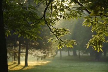 Nature walk in tranquil green environment with blurry background of trees