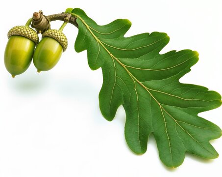 Bright Green Acorns Hanging from an Oak Twig with Leaf Isolated on Clean White Background. Beautiful Nature Macro for Seasonal, Botanical, and Forest-Themed Creative Projects.