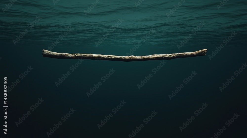 Poster a submerged stick floats in calm water, creating a serene and tranquil atmosphere.