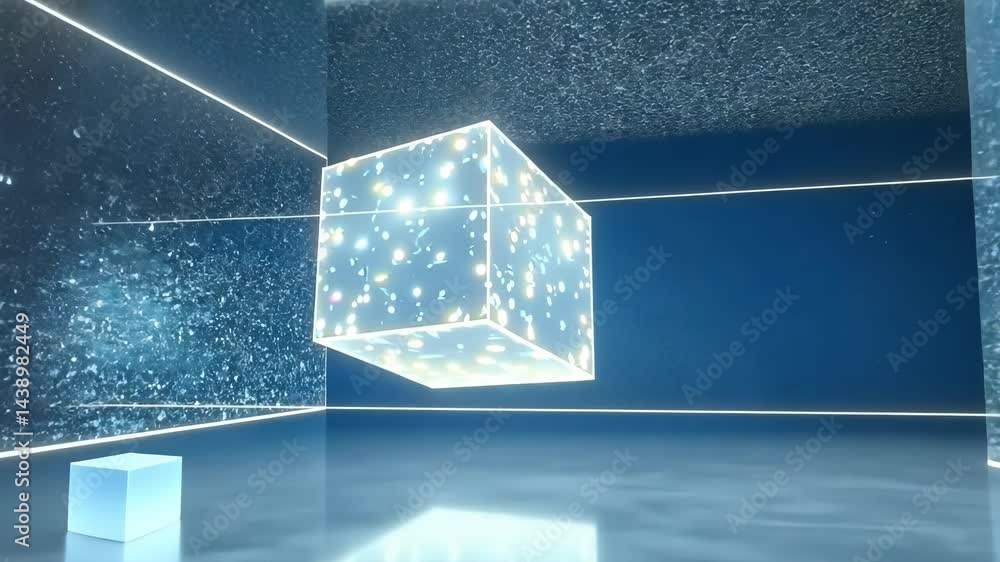 Poster illuminated cube hovers in a futuristic reflective space with dynamic light effects
