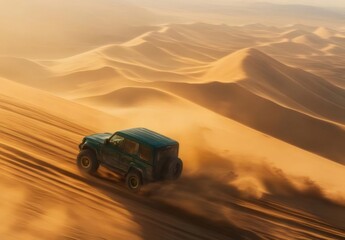 砂漠の砂丘を走るオフロード車 太陽の光の中で砂煙を上げて進む車 風景写真 冒険と旅のイメージ