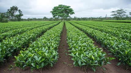 Vast Tea Plantation Under Cloudy Sky