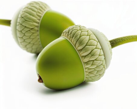 Close-up of Two Fresh Green Acorns with Textured Caps on a Clean White Background. Detailed Botanical Macro Shot for Autumn, Forest, and Natural Design Themes.
