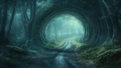 Mystical Forest Path, A Journey Through an Enchanted Emerald Tunnel