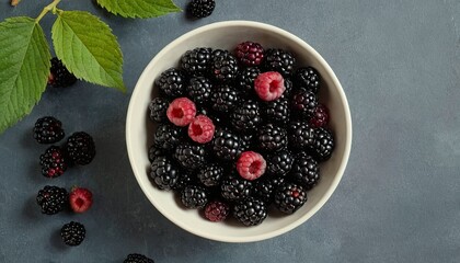 Side view of blackberry with raspberries in a bowl on a white surface
1