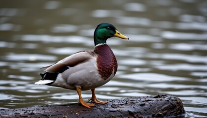 Obraz premium Mallard duck on a log by the water nature scene wildlife photography tranquil environment close-up view