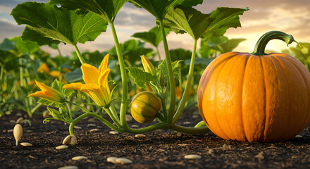 Growing Pumpkins with Yellow Flowers and Seeds in a Field at Sunset
