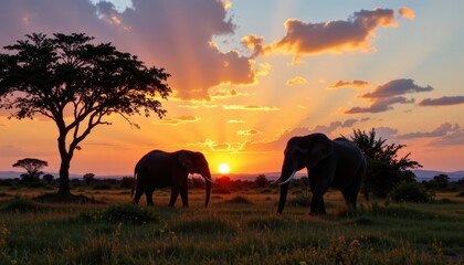 Elephants grazing at sunset serengeti nature photography african landscape wide angle wildlife conservation