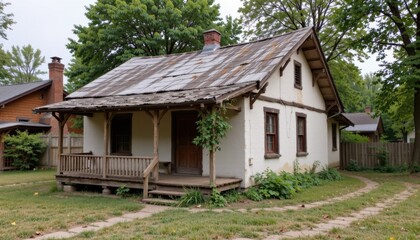 Historic cottage renovation small town real estate photography natural setting eye-level view home restoration concept