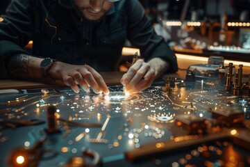 A jewelry maker in a modern workshop with an AI assistant as a light-based design interface suggesting patterns. Jewelry tools in background. AIG60