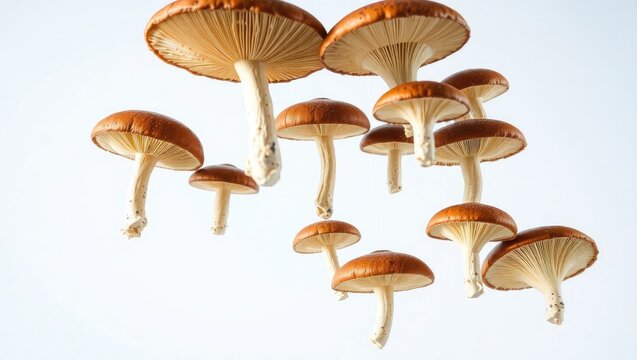 Cluster of brown mushrooms levitating against a white backdrop