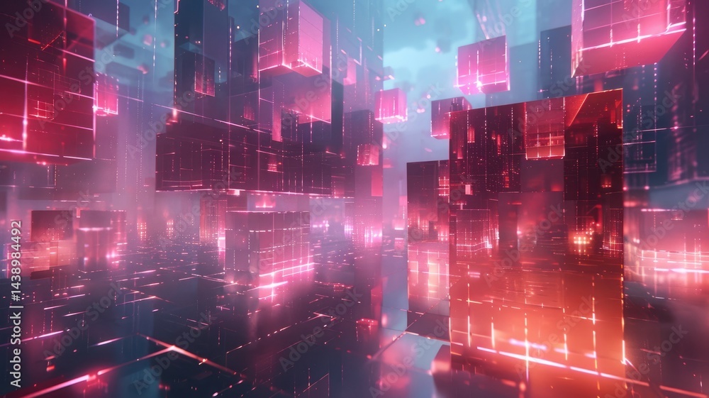 Aufkleber abstract digital floating blocks with orange and blue lights. digital artwork of 3d rendering geogra