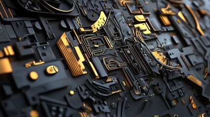 Fototapeta premium Abstract Black and Gold Geometric Pattern: A Futuristic Digital Art Piece