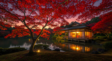 Fototapeta premium Serene Autumn Pavilion: Illuminated Japanese House Amidst Crimson Maples