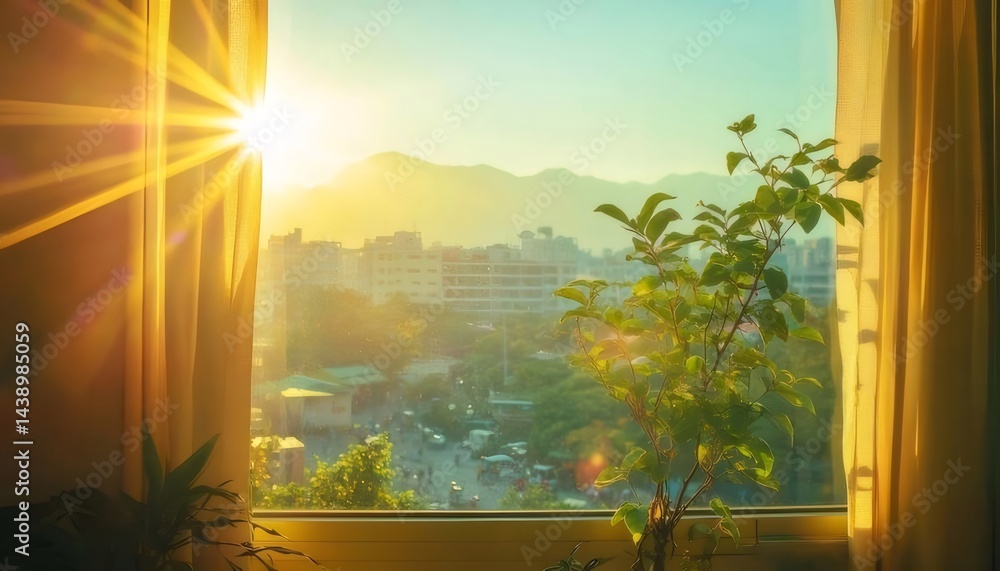 Aufkleber 朝日が差し込む窓から見える都市の風景と緑豊かな植物の美しい眺め
