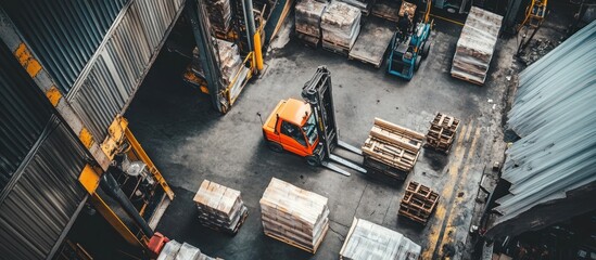 Aerial View of Forklifts and Pallet Stacks in a Warehouse Logistics Operation
