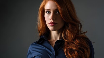 Naklejka premium Classic studio portrait of a red-haired woman dressed in formal dark blue blouse, grey backdrop, high resolution